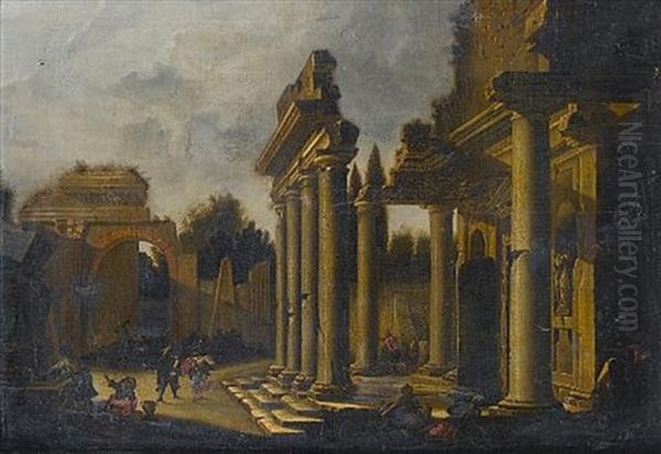 Two Women Drawing Water From A Well Before Ruins - view 1