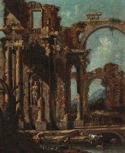 An Architectural Capriccio With Figures In Ruins (+ Another Similar; Pair)