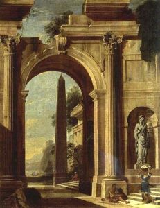 An Architectural Capriccio Of A Classical Building With An Obelisk, With A Beggar And A Washerwoman On The Stairs And A View Of A Temple Beyond