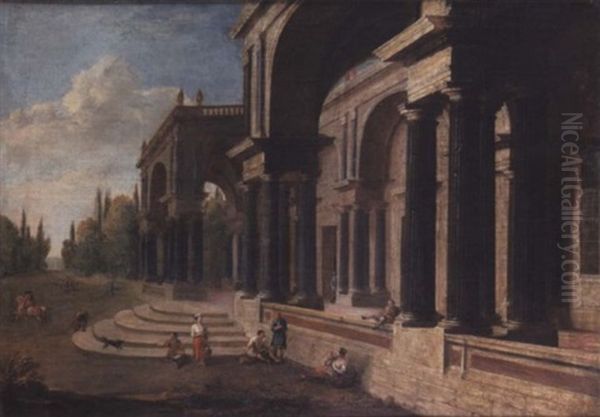 An Architectural Capriccio With Figures, A Tree-lined Avenue Beyond - view 1