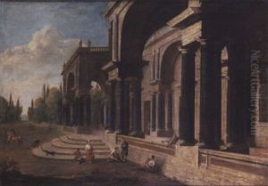 An Architectural Capriccio With Figures, A Tree-lined Avenue Beyond