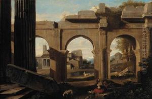 A Capriccio Of Roman Ruins With Figures By A Lake