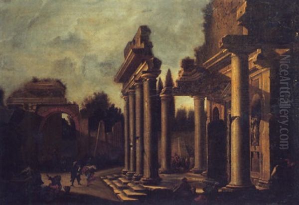 Figures Drawing Water From A Well And Resting Before The Protico Of A Ruined Temple - view 1