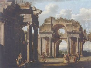 An Architectural Capriccio Of Ruins With A Family Resting Before A Portico, Other Figures Playing Music And Dancing, And A Sportsman Shooting by Niccolo Codazzi