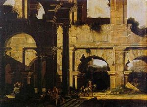 Un Cavaliere Con Un Paggio, Un Edificio Antico Diroccato Di Ordine Dorico A Pianta Basilicale by Niccolo Codazzi