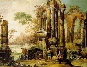 A Capriccio Of Classical Ruins With Peasants Resting by Niccolo Codazzi
