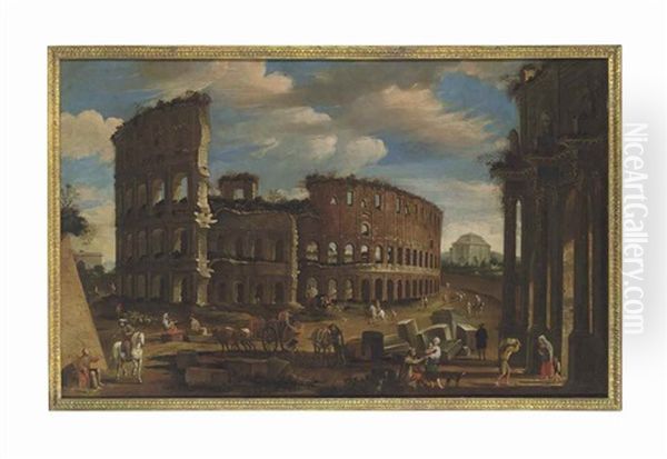 An Architectural Capriccio With Figures Bustling Before The Colosseum - view 1