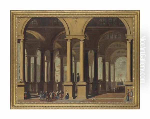 An Architectural Capriccio With Figures, A Port With Ships Beyond - view 1