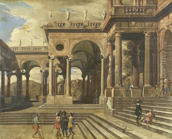 An Architectural Capriccio With Figures Before A Portico - view 1