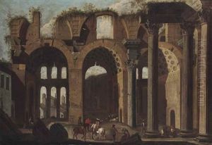 An Elegant Company On Horseback, Beggars And Drovers With Their Cattle Beneath The Basilica Di Massenzio by Viviano Codazzi