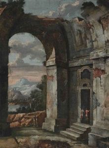 An Architectural Capriccio With Figures Conversing, A Landscape Beyond An Architectural Capriccio With Figures Conversing, A Landscape Beyond