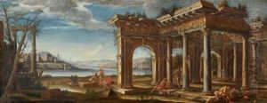 Personnages Sous Les Ruines D'un Temple En Ruines