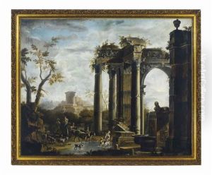 Travellers In A Landscape By Classical Ruins by Viviano Codazzi