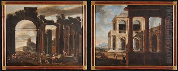 Ruderi Di Un Edificio Di Ordine Tuscanio, Con Un Paesaggio Mediterraneo Sullo Sfondo Ed Il Tempio Di Vesta, Con Astanti Vari (+ Edificio D'ordine Ionico, Con Un Loggiato Ed Un'altana, Con Una Citta Portuale Mediterranea, Ed Astanti; Pair) - view 1