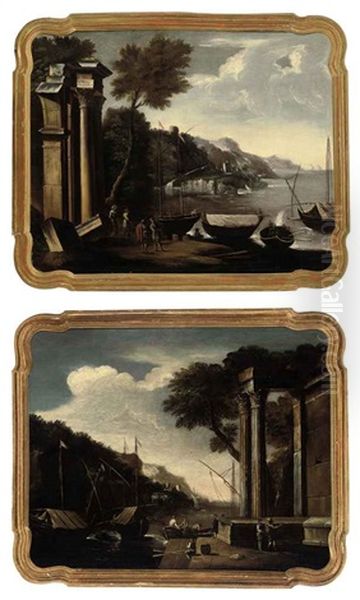 A Capriccio Of Classical Ruins Near The Coast With Figures (+ A Capriccio Of Classical Ruins Near The Coast With Figures On A Boat And A Man Fishing; Pair) - view 1