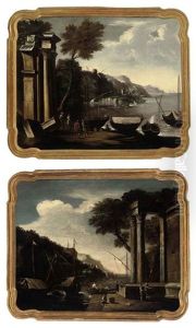 A Capriccio Of Classical Ruins Near The Coast With Figures (+ A Capriccio Of Classical Ruins Near The Coast With Figures On A Boat And A Man Fishing; Pair) by Viviano Codazzi