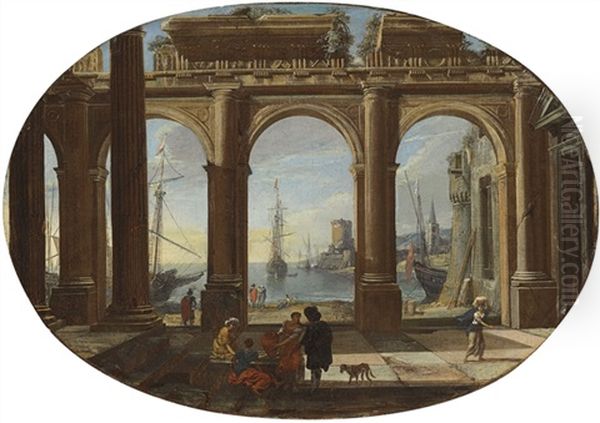 A Capriccio With Figures Beneath A Doric Colonnade, A Bay And The Torre Di San Vincenzo, Naples Beyond - view 1