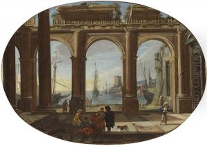 A Capriccio With Figures Beneath A Doric Colonnade, A Bay And The Torre Di San Vincenzo, Naples Beyond by Viviano Codazzi