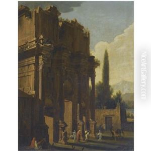 A Capriccio Landscape With Classical Ruins And Figures In The Foreground by Viviano Codazzi