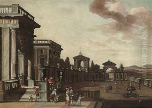 A Capriccio Of A Classical Palazzo With Elegant Figures Conversing by Viviano Codazzi