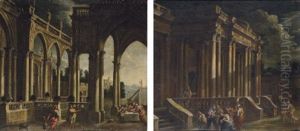 A Capriccio Of Classical Ruins With The Supper On The Road To Emmaus (+ A Capriccio Of Classical Ruins With Christ Taking Leave Of His Mother; Pair) by Viviano Codazzi