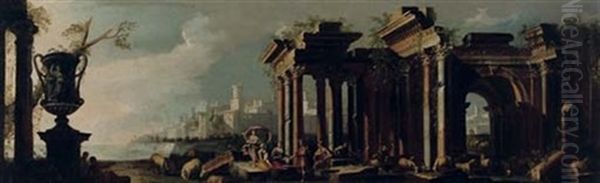 A Capriccio View Of An Italianate Coast With Figures Conversing Among Ancient Ruins, A Harbour Town Beyond - view 1