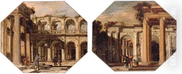 Figures Conversing Amongst Classical Colonnades (collab. W/domenico Gargiulo, Called Micco Spadaro + Another; Pair)) - view 1