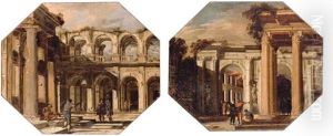 Figures Conversing Amongst Classical Colonnades (collab. W/domenico Gargiulo, Called Micco Spadaro + Another; Pair)) by Viviano Codazzi