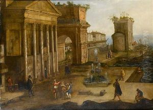 A Capriccio Of A Roman Harbour With A Traveller And His Mule, A Fisherman At The Quayside And Other Figures by Viviano Codazzi