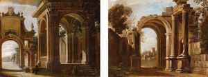 A Architectural Capriccio With Figures By A Fountain (+ A Capriccio With A Figure With His Dog Resting By A Well; Pair) by Viviano Codazzi
