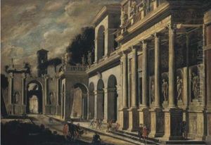 Capriccio Architettonico Con Edifici Classici Con Pronao A Colonnato Corinzio E Statue, E Arco Trionfale (collab. W/domenico Gargiulo) by Viviano Codazzi