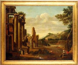 A Capriccio Of Classical Ruins With Figures On A Road, A Landscape With A Town Beyond
