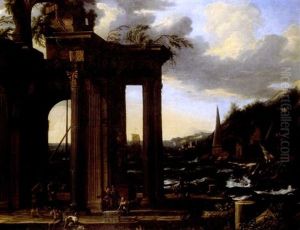 Ruine Antiques Pres D'un Rivage Anime De Nombreux Personnages by Viviano Codazzi