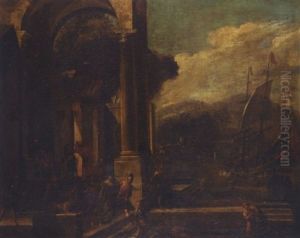 An Architectural Capriccio With The Rape Of Helen by Viviano Codazzi