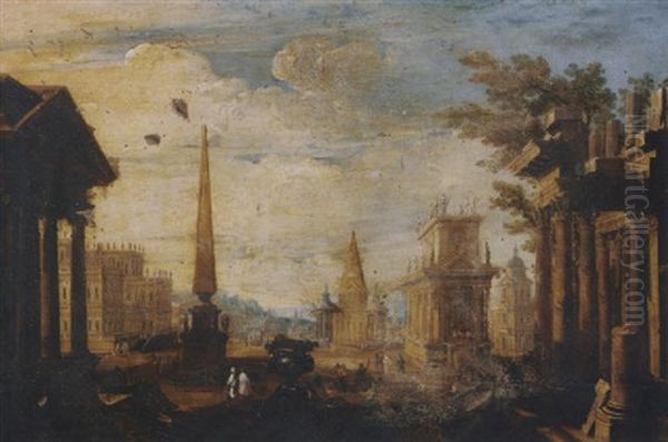 A Capriccio Of Classical Ruins And Renaissance Buildings With Cattle Gathering Around An Obelisk - view 1
