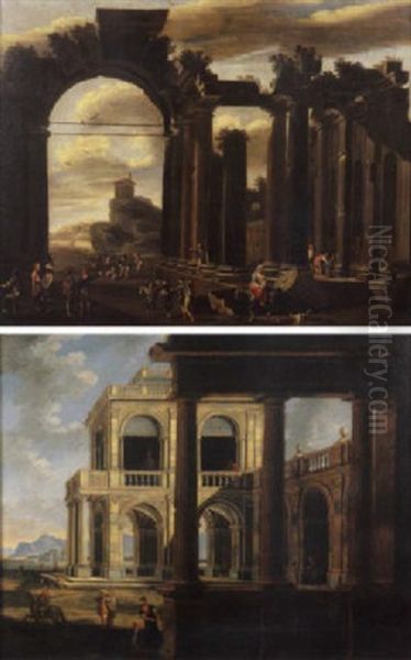 Ruderi Di Un Edificio Di Ordine Tuscanico, Con Un Paesaggio Mediterraneo Sullo Sfondo Ed Il Tempio Di Vesta, Con Astanti Vari - view 1