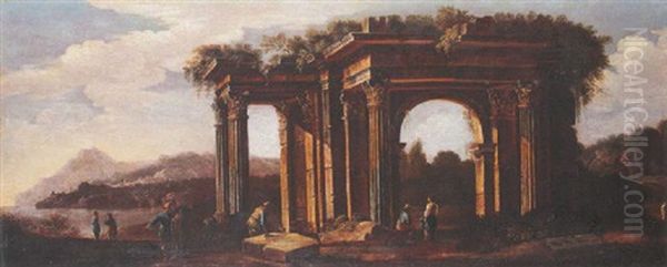 Figures Beside Classical Ruins In A Coastal Landscape - view 1