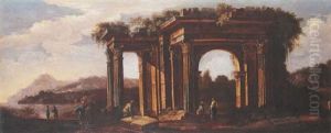 Figures Beside Classical Ruins In A Coastal Landscape by Viviano Codazzi