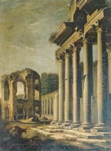 El Descanso De La Huida De Egipto Con Ruinas Classicas Y El Templo De Minerva Medica by Viviano Codazzi