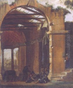 Bandits Around A Fire Among Classical Ruins by Viviano Codazzi