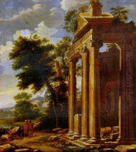 Landscape With Classical Ruins And Two Philosophers Greeting A Reclining Beggar by Viviano Codazzi