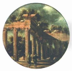 Figures Before A Ruined Classical Colonnade