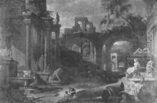 Capriccio Of Ruins Adorned By Roman Statues With Figures By A Fountain - view 1