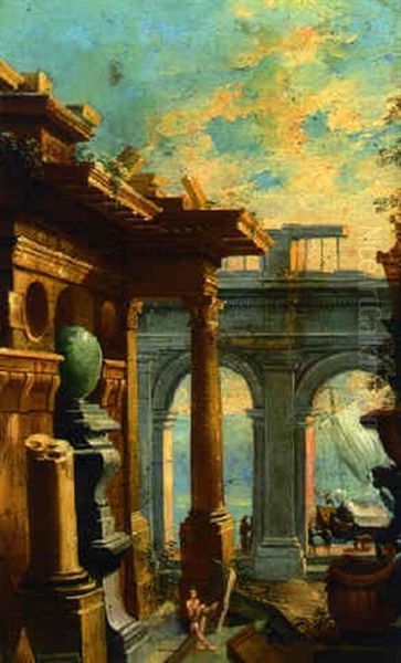 A Capriccio Of A Mediterraneau Harbour With Figures Amongst Classical Ruins - view 1