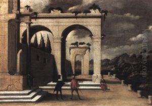 Architectural Capriccio In A Landscape With Figures Beside Ruins by Viviano Codazzi