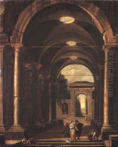 Portico Leading To A Garden With An Elegant Couple Promenading - view 1