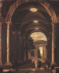 Portico Leading To A Garden With An Elegant Couple Promenading
