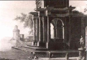 A Capriccio Of Roman Ruins Beside A Mediterranean Harbour by Viviano Codazzi
