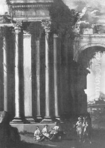 A Capriccio Of Classical Ruins With Peasant Women And Philosophers by Viviano Codazzi