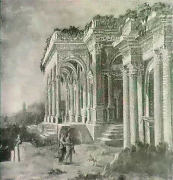 Figures Strolling Before A Classical Building - view 1